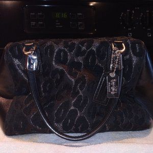 Coach Black Satchel Animal Print Handbag Green Satin lining